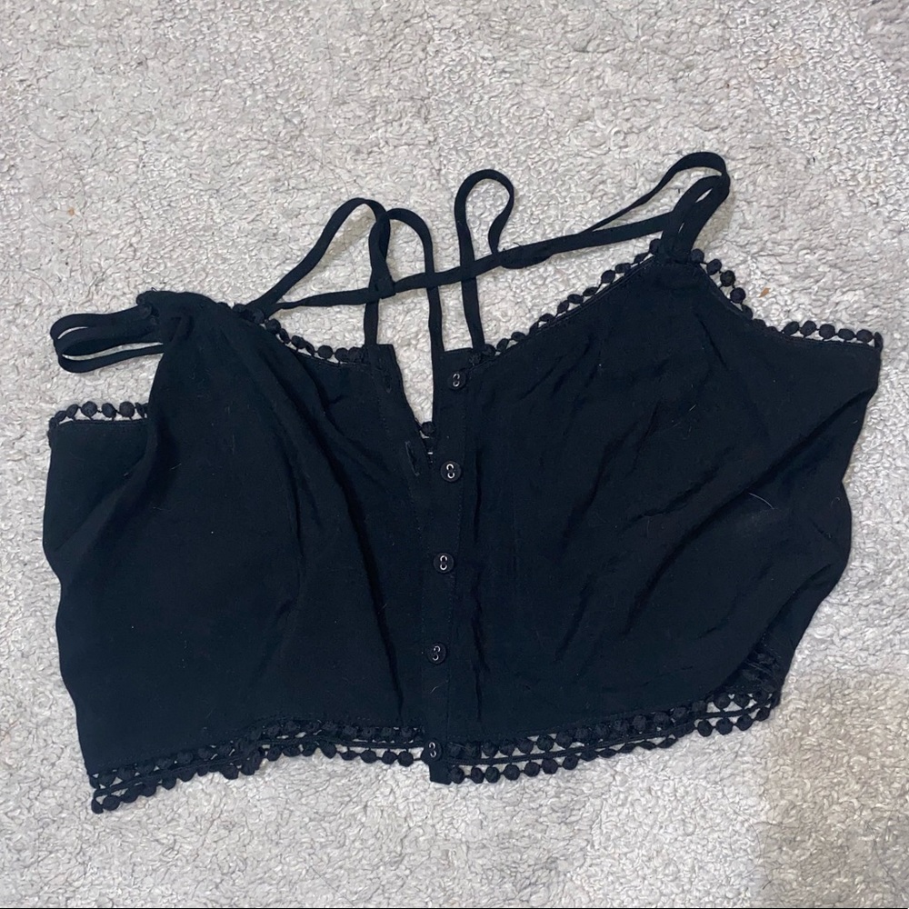 Black crop top pom poms lining sexy